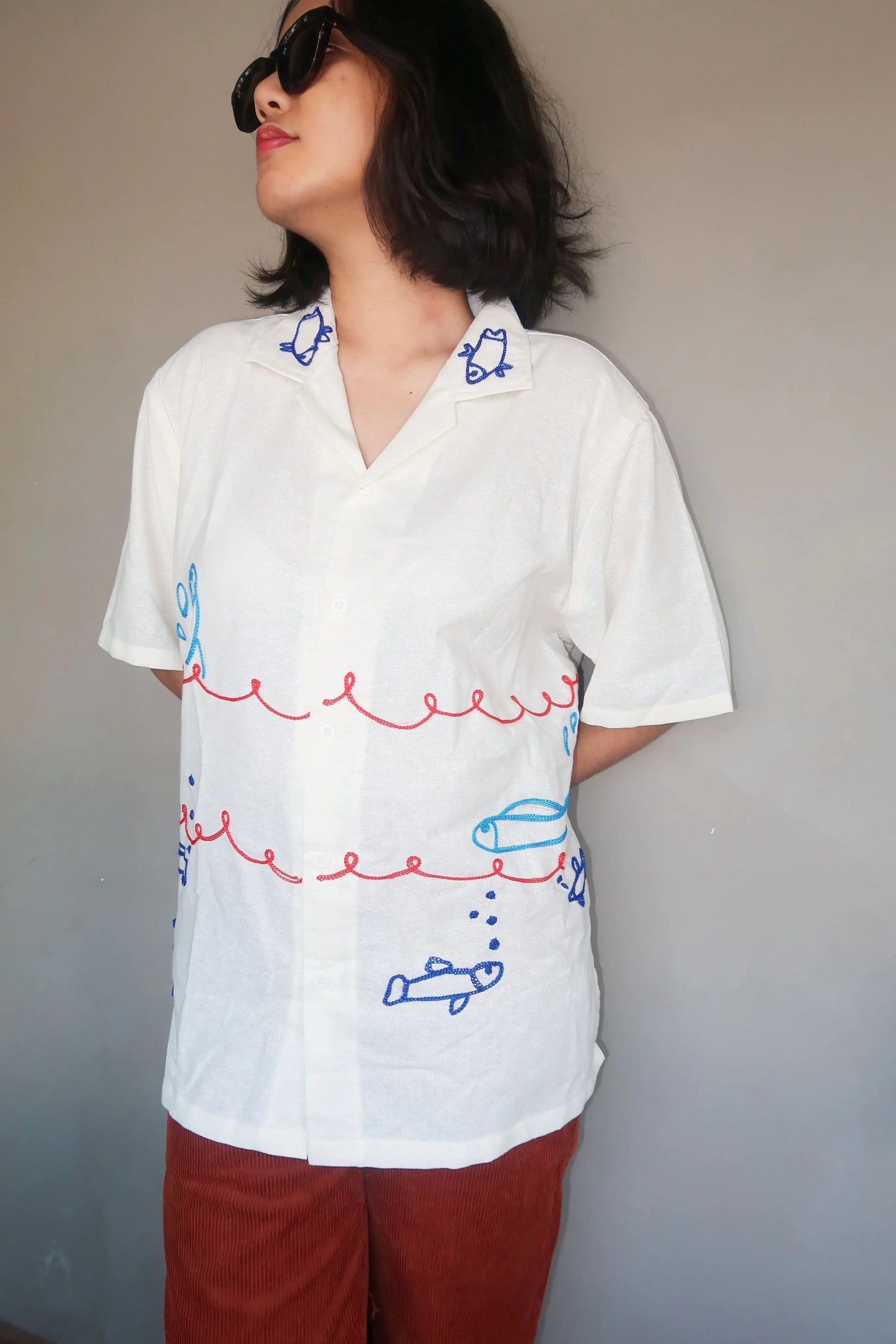 Fishes Embroidery White Shirt