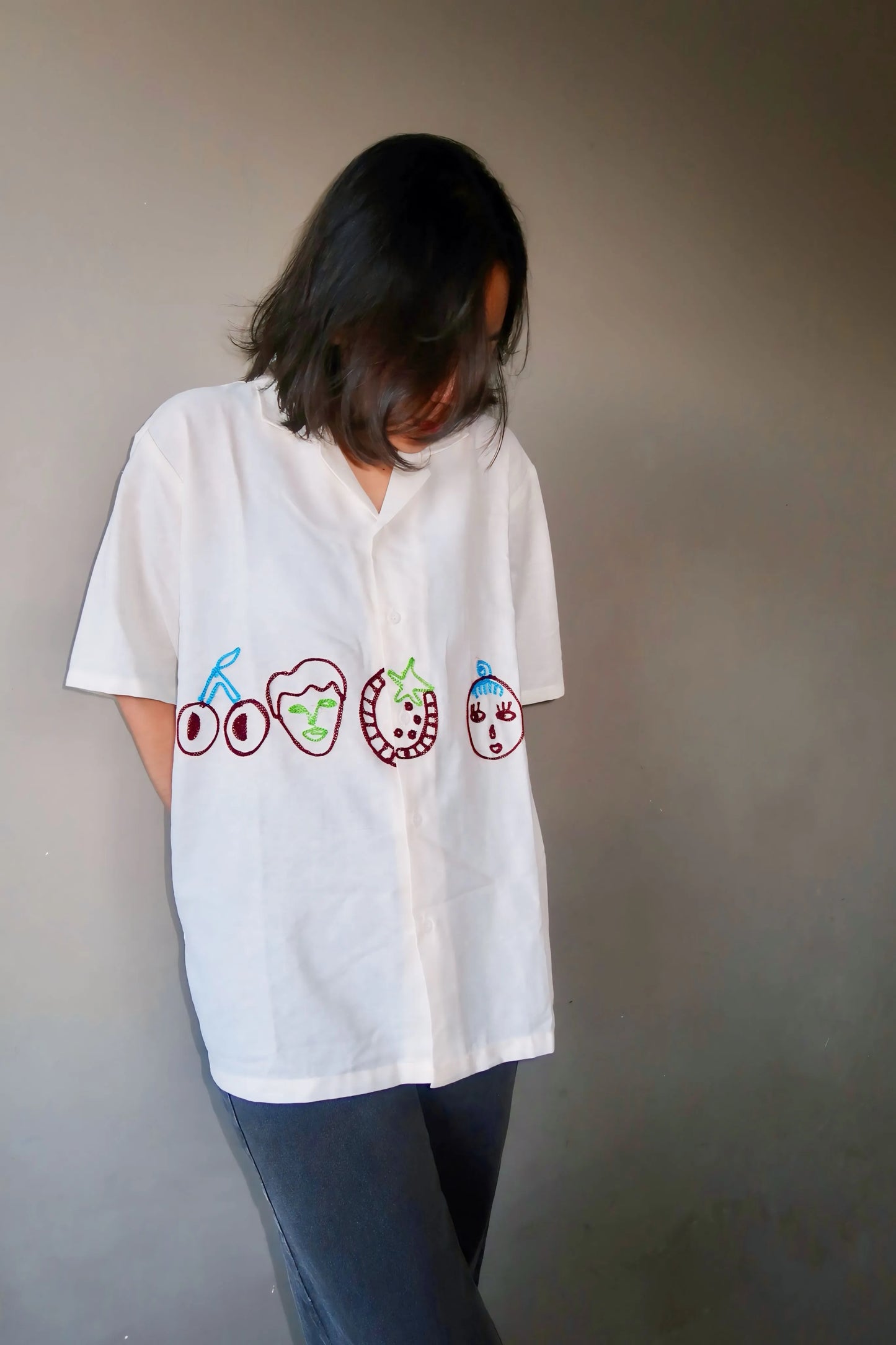 Familiar Faces Embroidery White Shirt