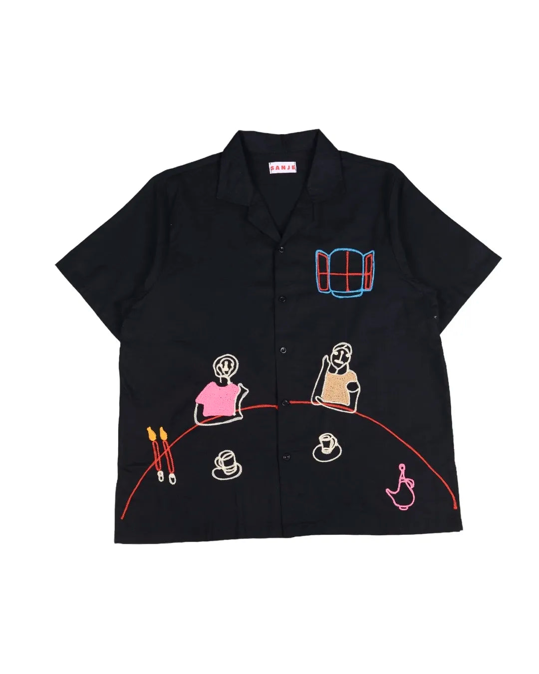 People on Table Embroidery Black Shirt