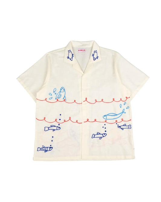 Fishes Embroidery White Shirt