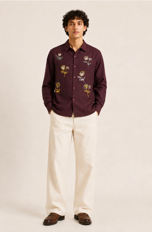 Roses Burgundy Long Sleeve Shirt